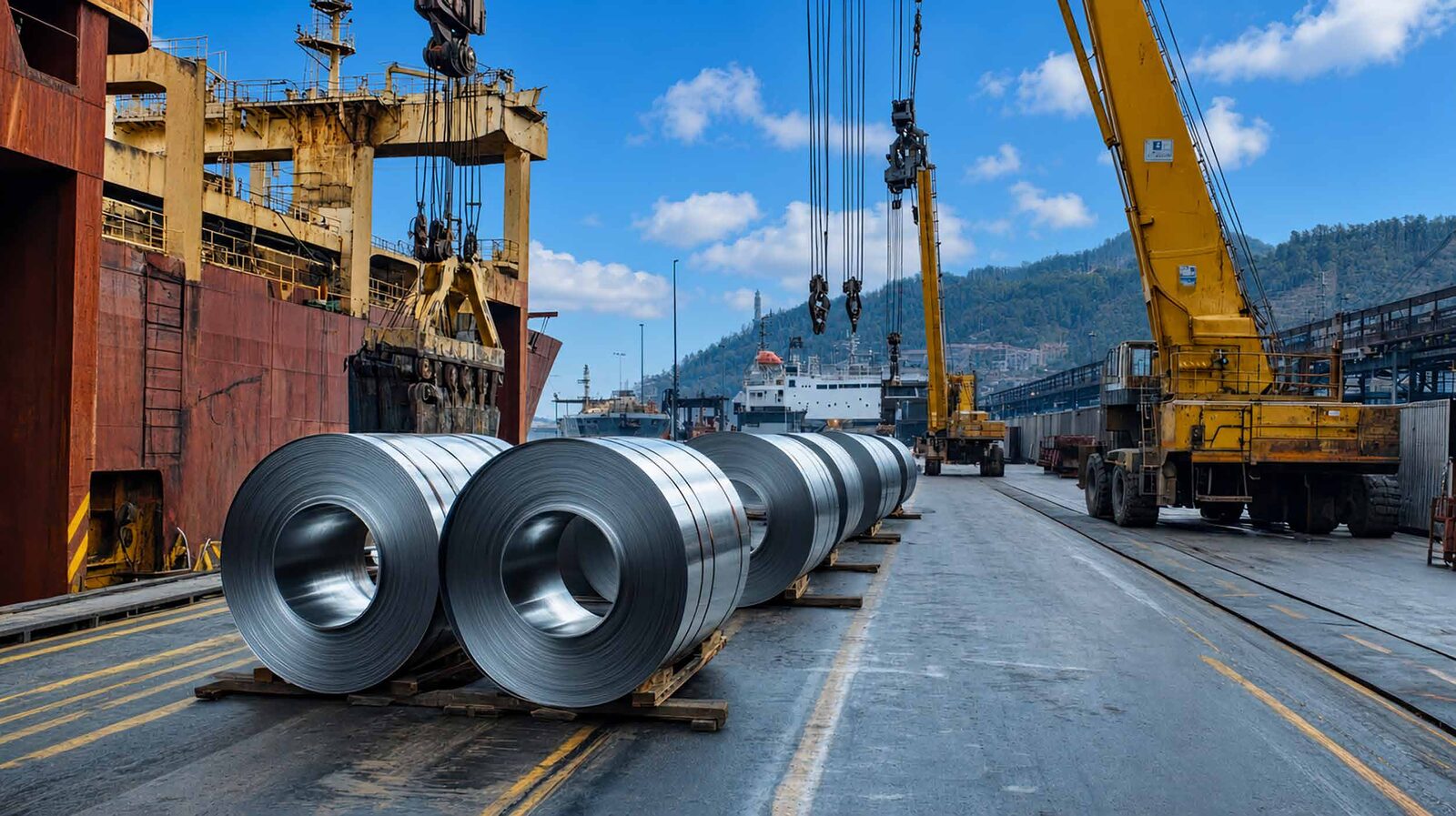 Steel coils and port cranes at a cargo terminal