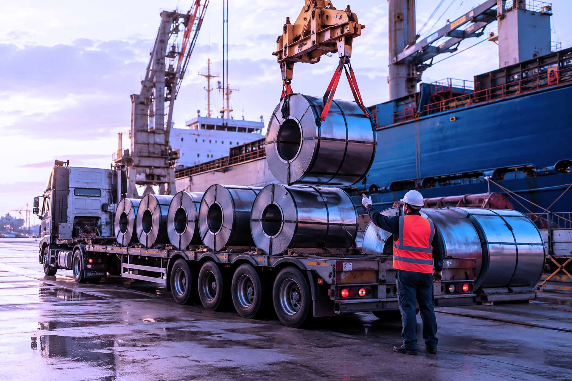 Steel coil being loaded onto a truck beside a cargo ship