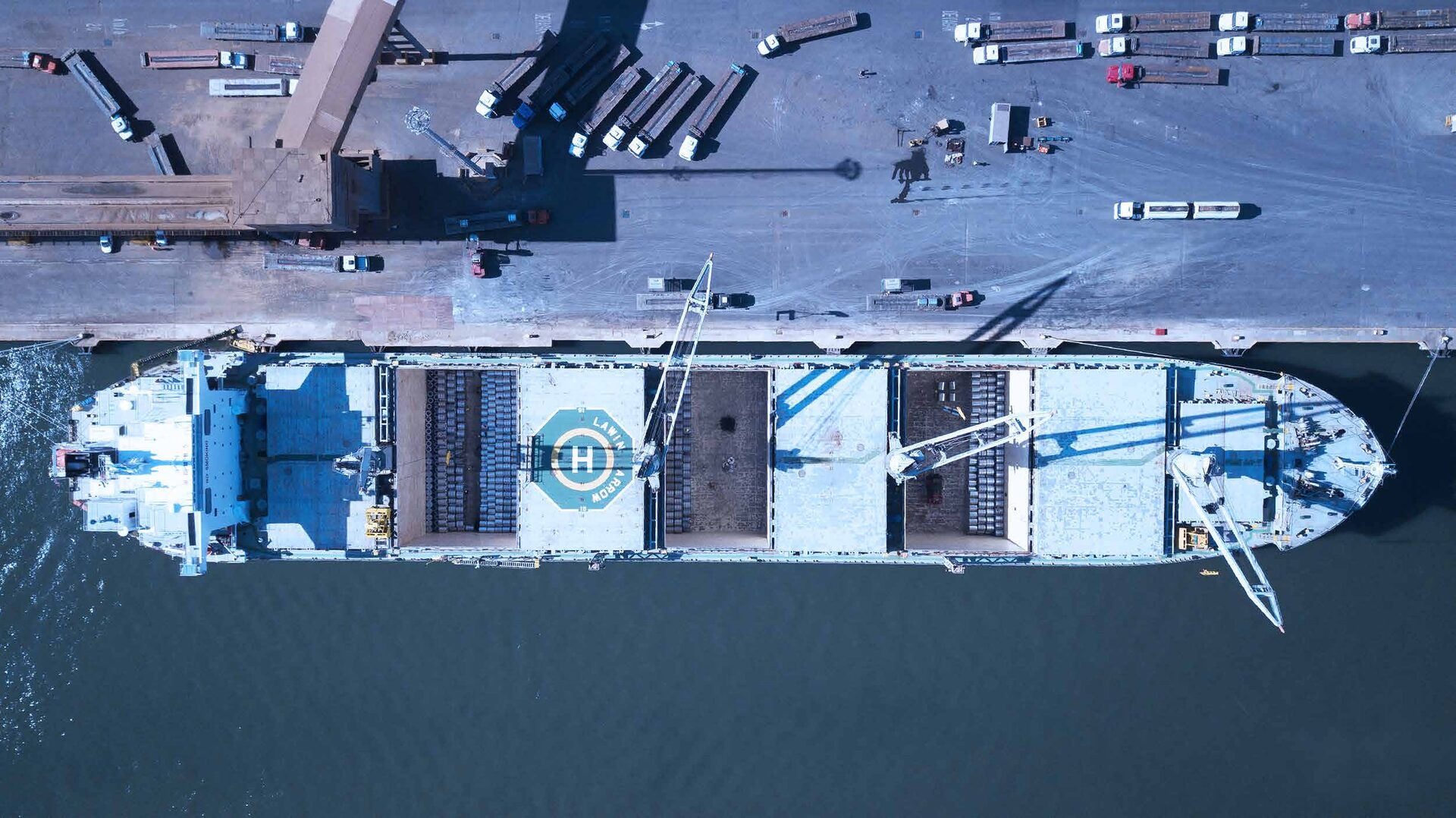Aerial view of a cargo ship at port