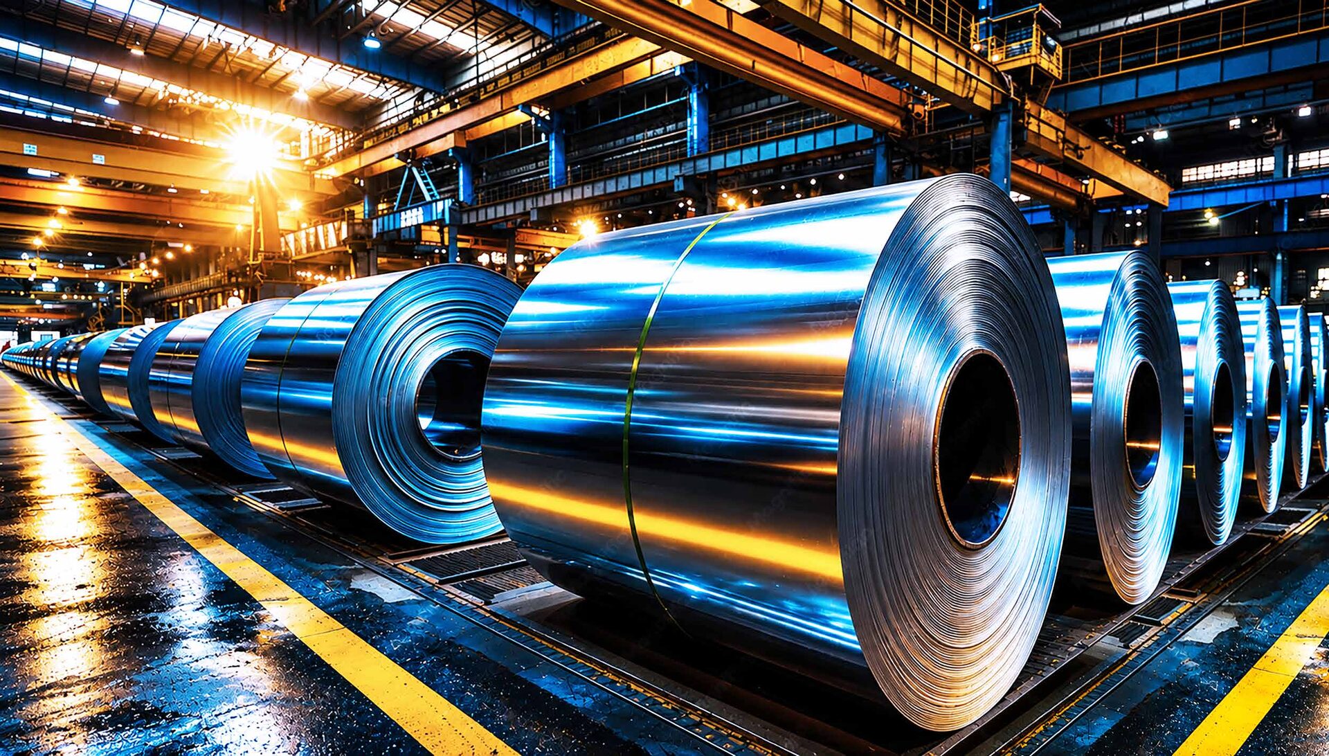 Steel coils inside an industrial warehouse